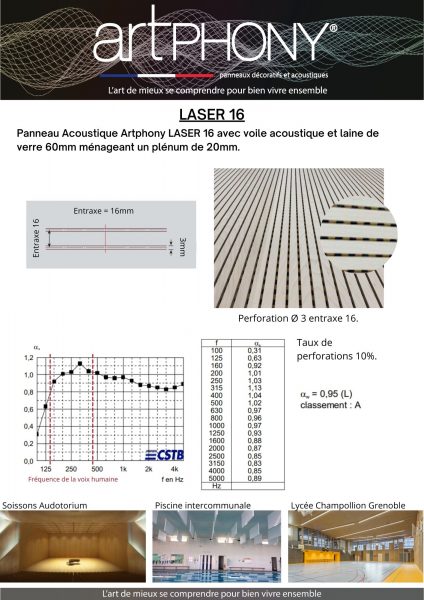 Panneau acoustique laine de verre 60mm et plénum 20mm avec perforation 3mm, entraxe 16 | Artphony Fabricant français de panneaux décoratifs acoustiques