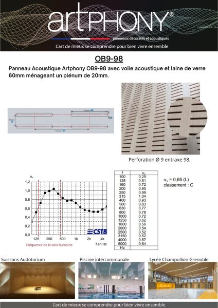 Panneau acoustique laine de verre 60mm et plénum 20mm avec perforation 9mm, entraxe 98 | Artphony Fabricant français de panneaux décoratifs acoustiques